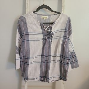 Cloth & Stone Small plaid lace up front wide sleeve top